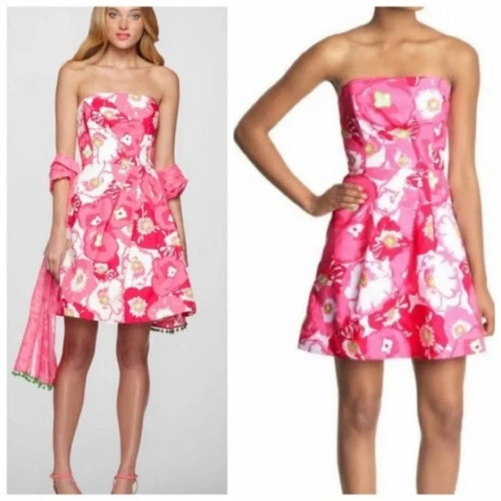 EUC LILLY PULITZER Bloom Strapless Dress Hotty Pink Cherry Begonias ~ Size 12